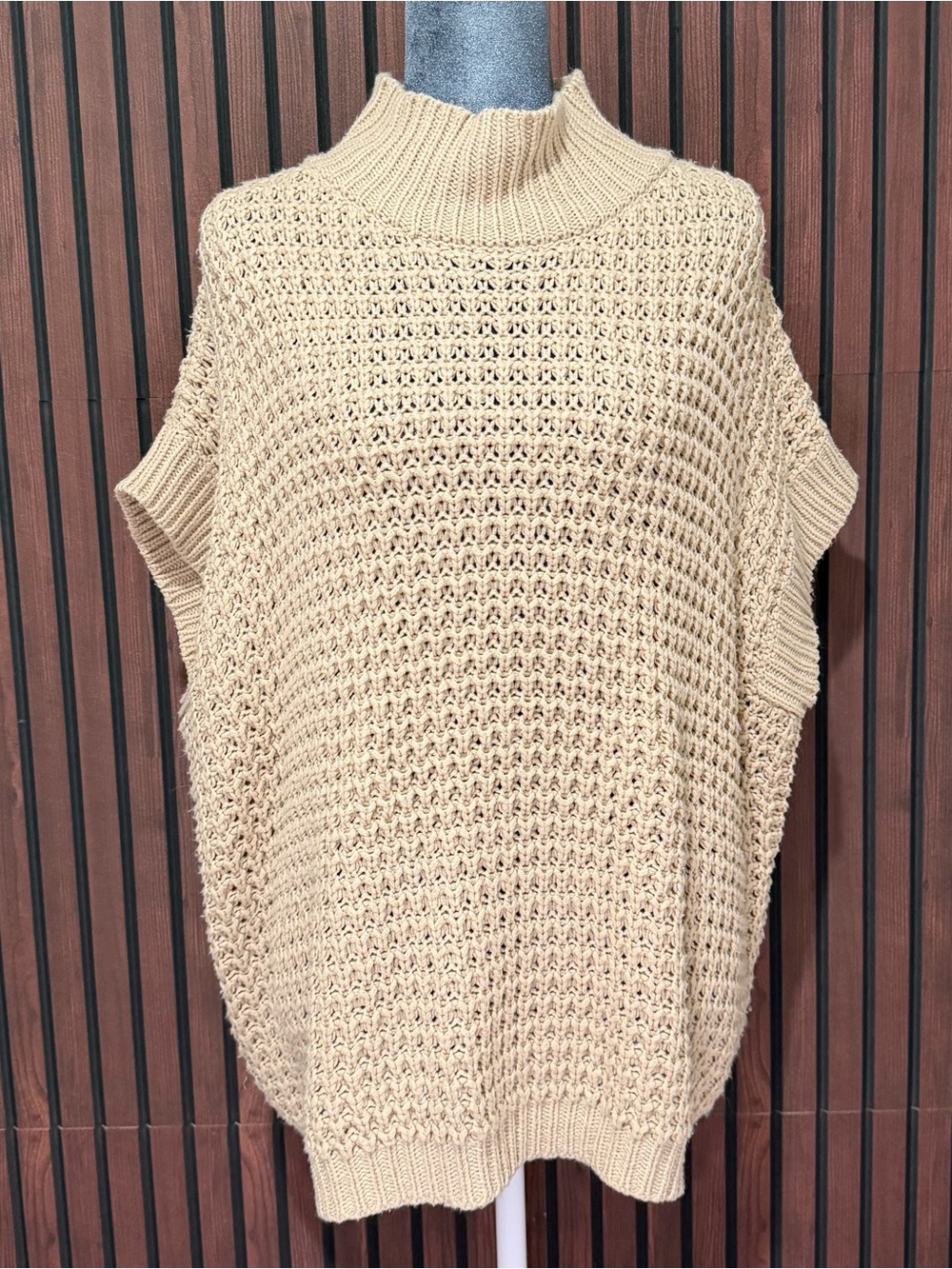 Boho Chunky Knit Sleeveless Sweater Poncho Beige One Size